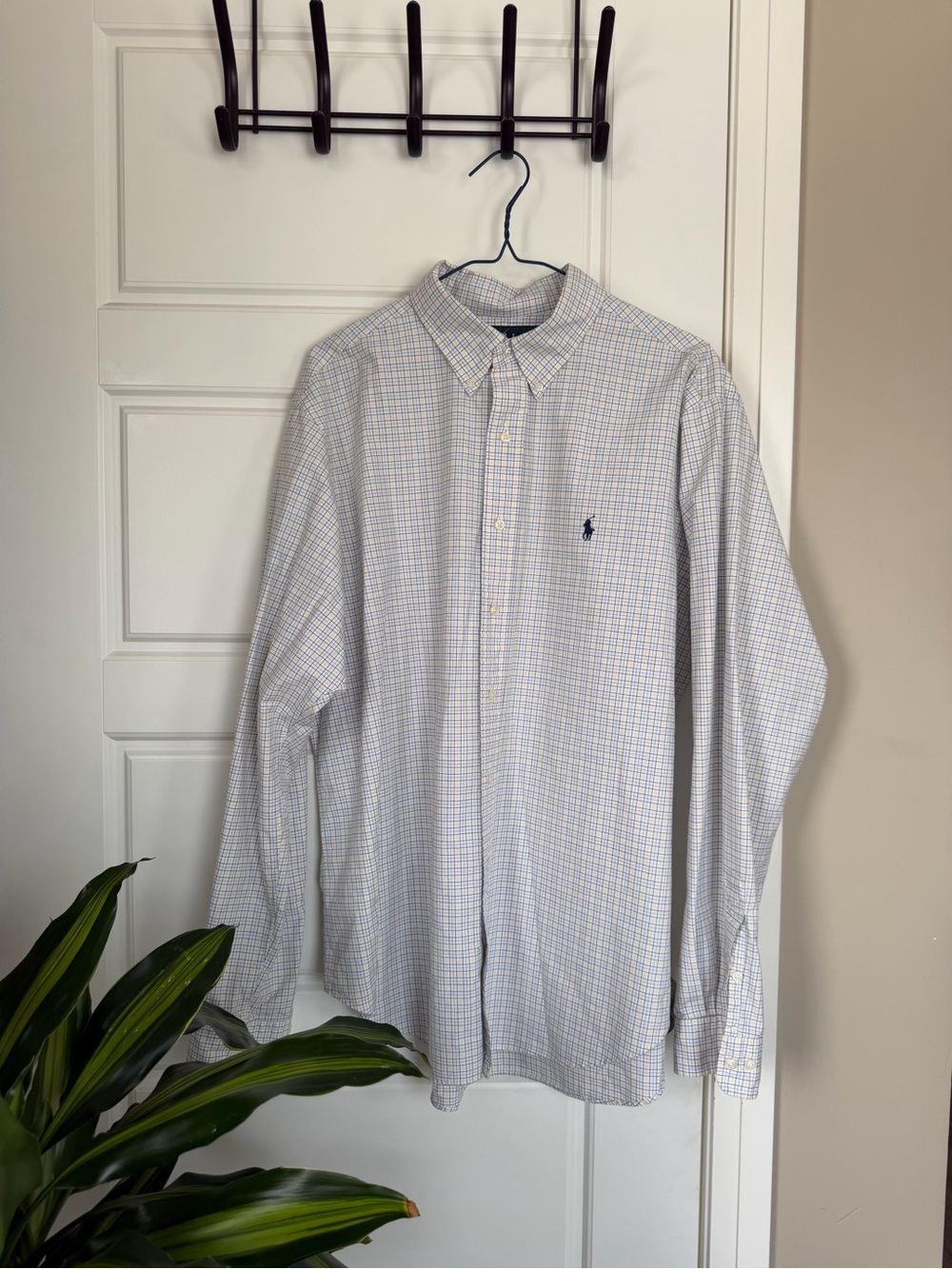 Ralph Lauren White Button-Down Shirt with Blue Check